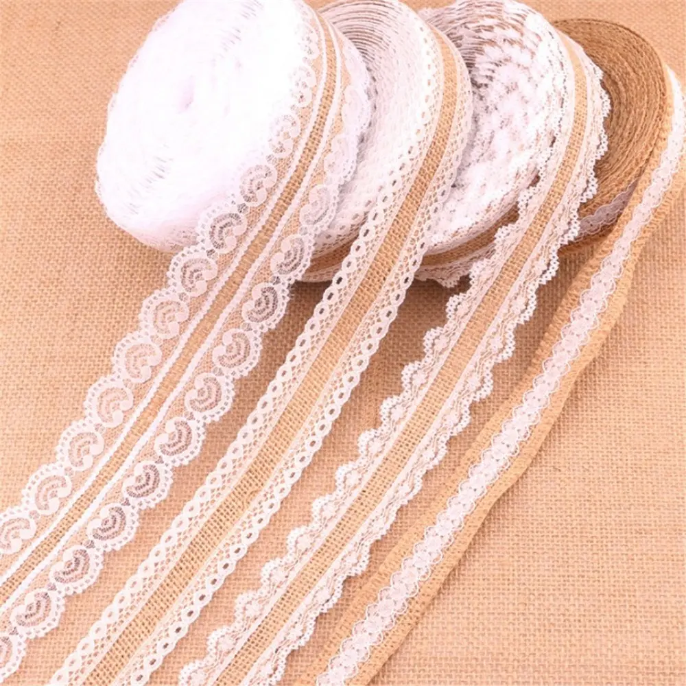 5Meters/Lot 25mm DIY Lace Jute Burlap Hessian Ribbon Rolls with White Lace Vintage Rustic Wedding Christmas Gift Wrapping Decor