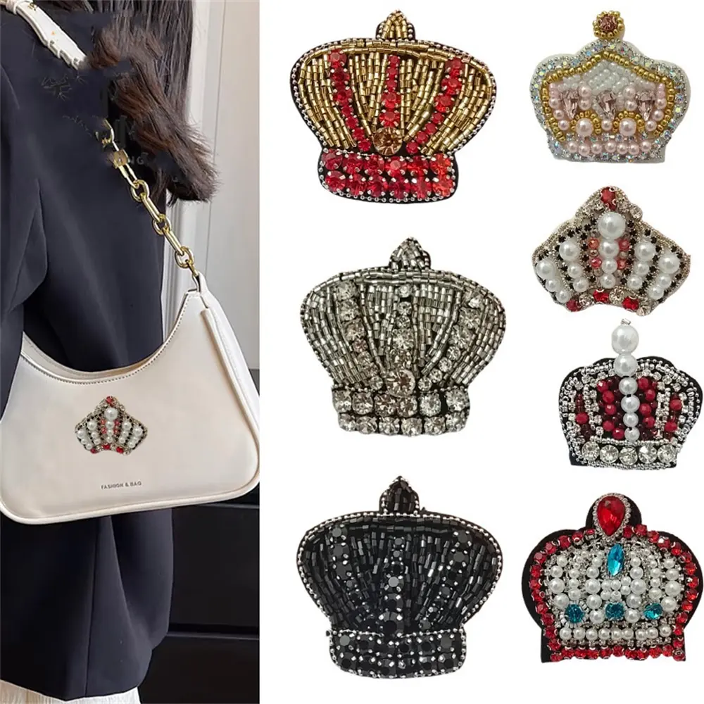 Rhinestone Beaded Crown Patches Handmade Cloth Stickers Fashion Beading Applique Patch Cloth Stickers Bag Shoes Accessories