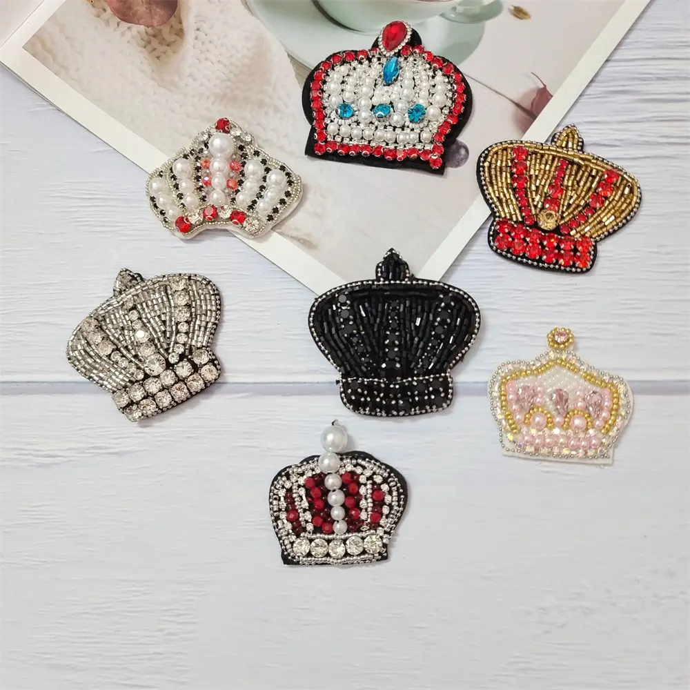 Rhinestone Beaded Crown Patches Handmade Cloth Stickers Fashion Beading Applique Patch Cloth Stickers Bag Shoes Accessories