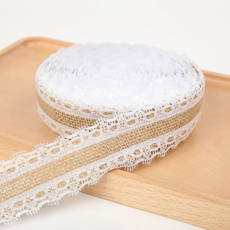 5Meters/Lot 25mm DIY Lace Jute Burlap Hessian Ribbon Rolls with White Lace Vintage Rustic Wedding Christmas Gift Wrapping Decor