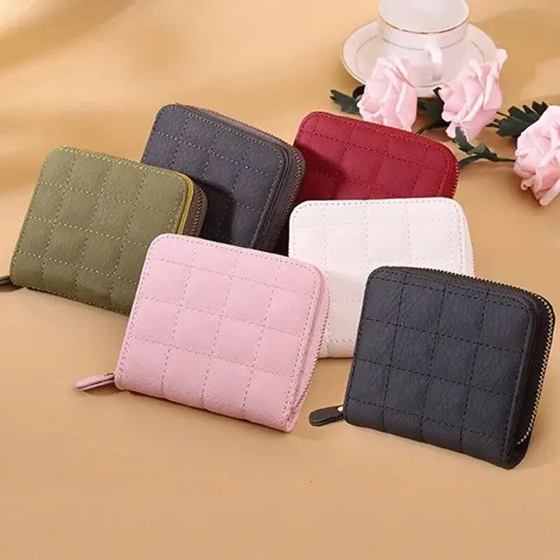 Women Short Wallets PU Leather Female Plaid Purses Card Holder Zipper Small Coin Purse Card Holder Wallet Key Pouch