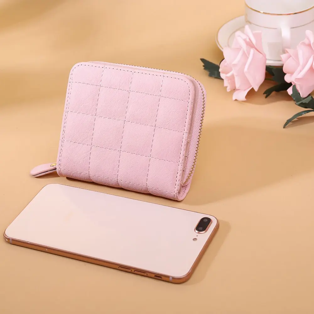 Women Short Wallets PU Leather Female Plaid Purses Card Holder Zipper Small Coin Purse Card Holder Wallet Key Pouch