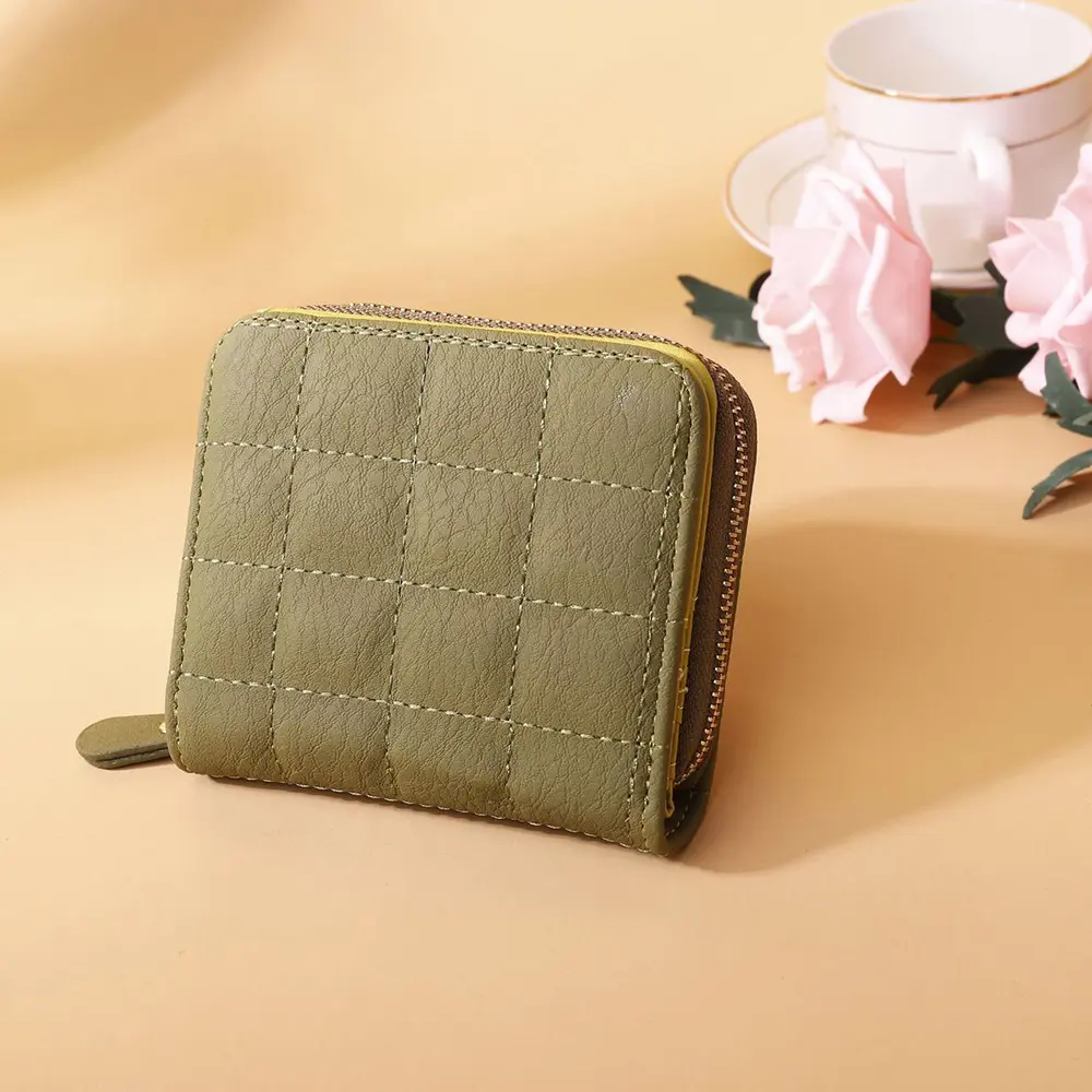Women Short Wallets PU Leather Female Plaid Purses Card Holder Zipper Small Coin Purse Card Holder Wallet Key Pouch