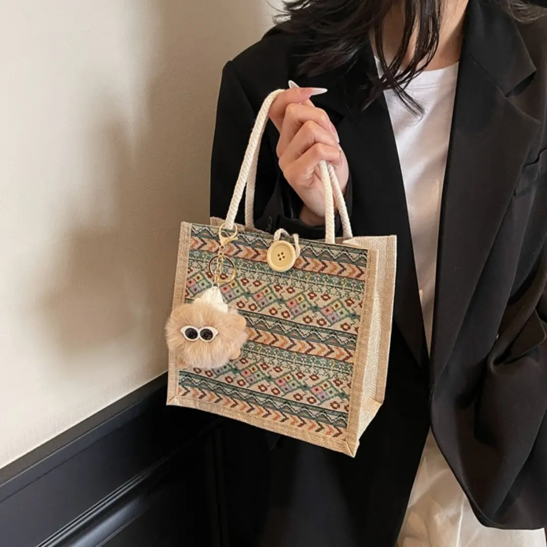 Portable Shopping Bag Foldable Food Bento Bag Printed Canvas Bag Wear-Resistant Linen Handbag For Commuting Shopping Traveling