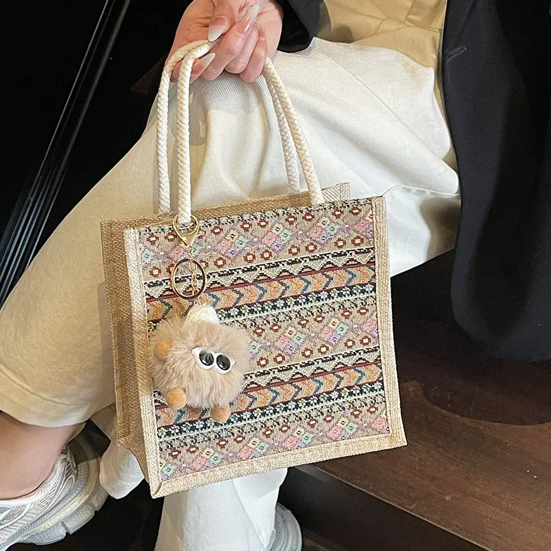 Portable Shopping Bag Foldable Food Bento Bag Printed Canvas Bag Wear-Resistant Linen Handbag For Commuting Shopping Traveling