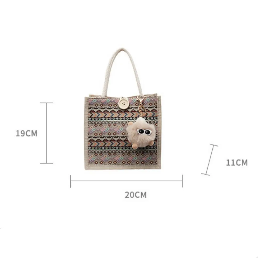 Portable Shopping Bag Foldable Food Bento Bag Printed Canvas Bag Wear-Resistant Linen Handbag For Commuting Shopping Traveling