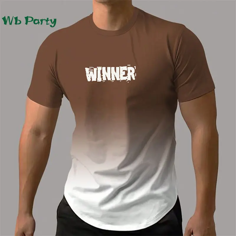 Men Gradient Print T-shirt Funny Text Simple Casual Fitness Short Sleeve Tee Shirts Summer Personality Loose Gym Run Tees Y2k