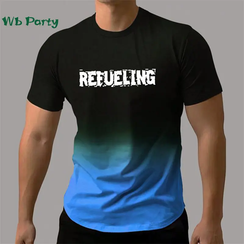 Men Gradient Print T-shirt Funny Text Simple Casual Fitness Short Sleeve Tee Shirts Summer Personality Loose Gym Run Tees Y2k