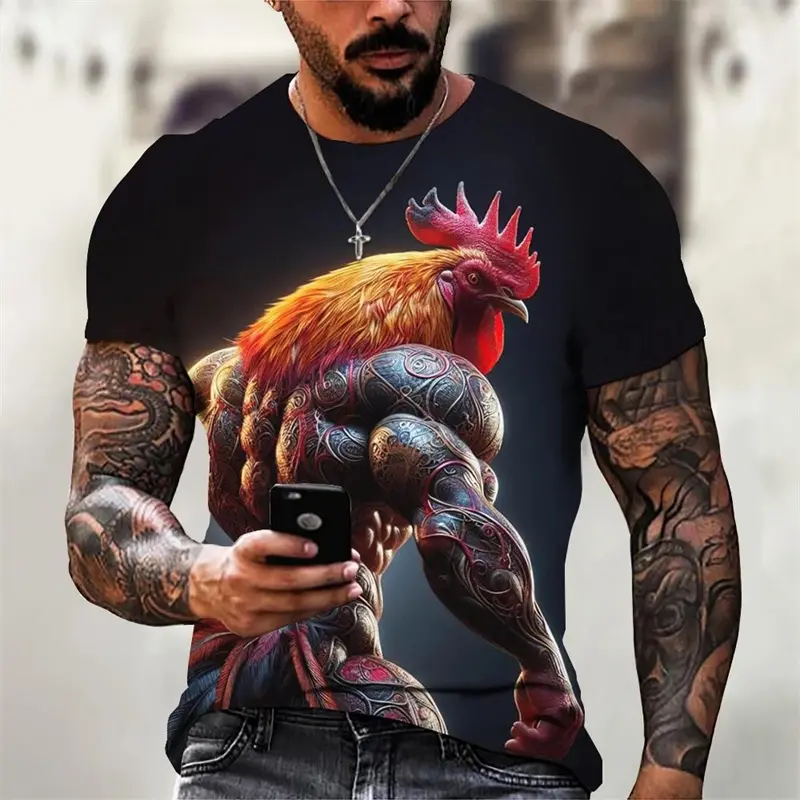 French Muscle Cock Print T-shirt For Men Clothes Streetwear Personality O-neck T Shirts Run Fitness Outdoor Sport Male Tee Top