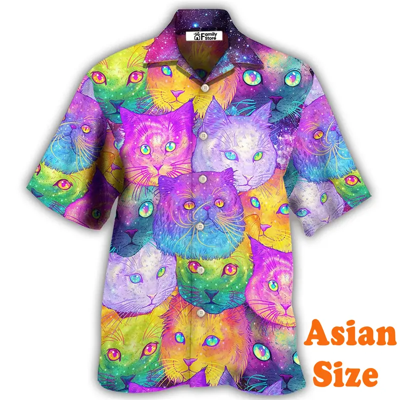 Space Cat Cool Unique 3D Print Shirts Men Women Psychedelic Personality Cute Animal Short Sleeve Lapel Shirts Popular Harajuku