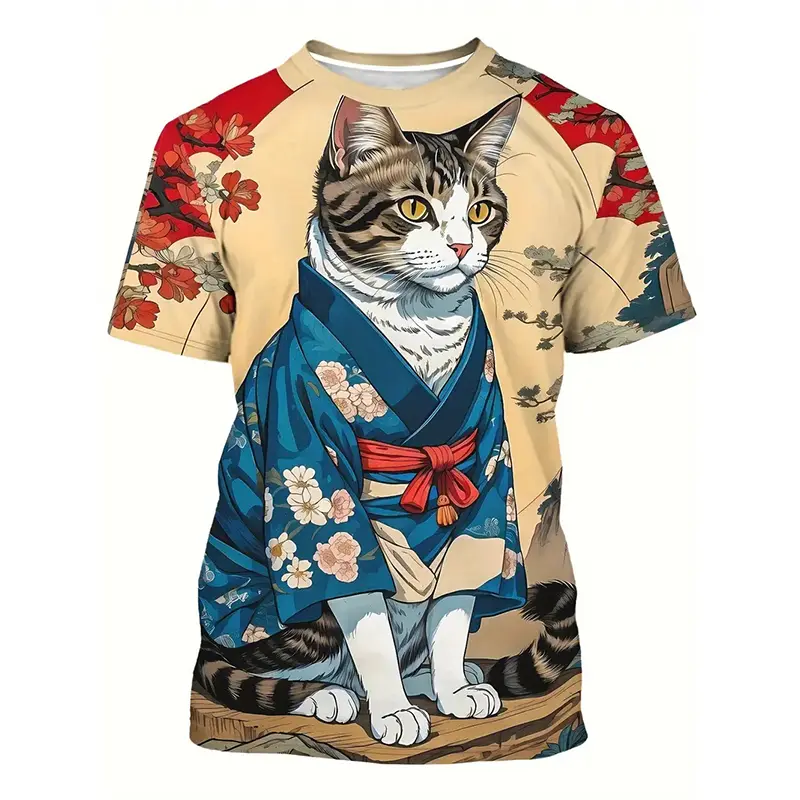 Cat Pattern Funny T-shirt Men's Clothing Fashion Japan Cosplay Anime T Shirts Daily Casual Sports Kid Street Popular Tee Top