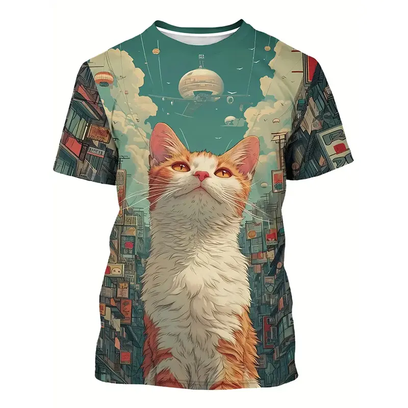 Cat Pattern Funny T-shirt Men's Clothing Fashion Japan Cosplay Anime T Shirts Daily Casual Sports Kid Street Popular Tee Top