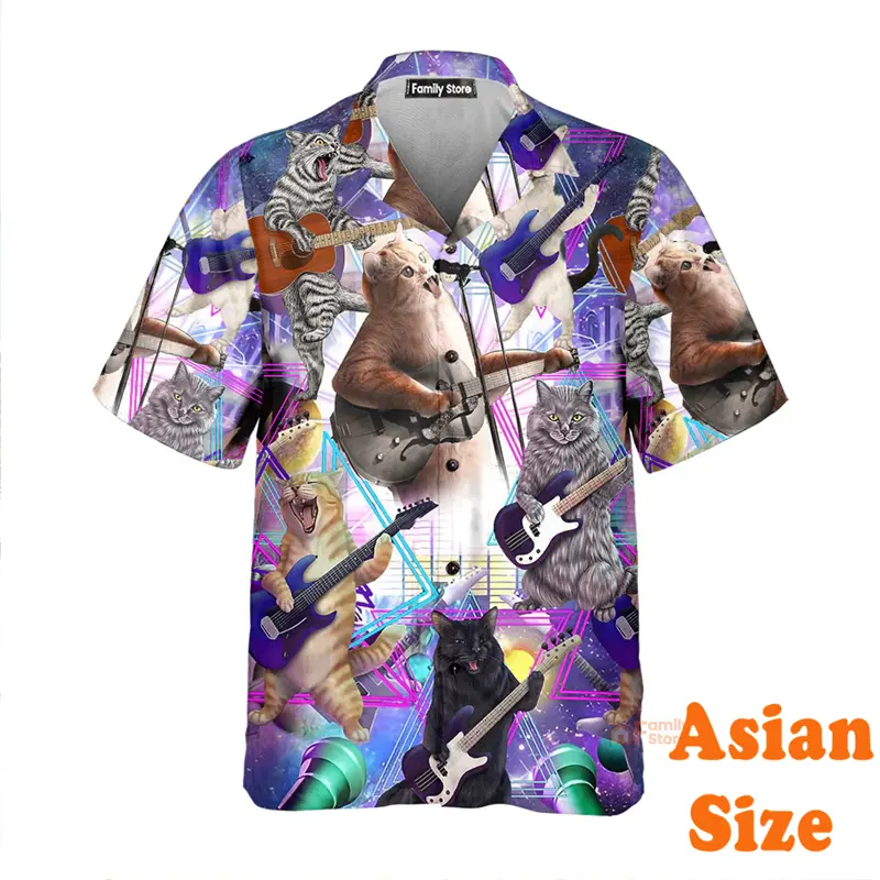 Space Cat Cool Unique 3D Print Shirts Men Women Psychedelic Personality Cute Animal Short Sleeve Lapel Shirts Popular Harajuku