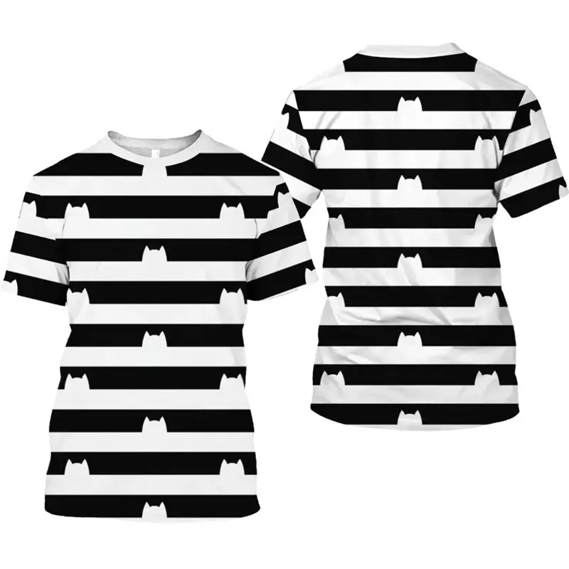 Rainbow Striped Cat Print T-shirt Children Birthday Gift Fashion Funny Design Short Sleeve T Shirts 2025 Summer Stripe Tee Top
