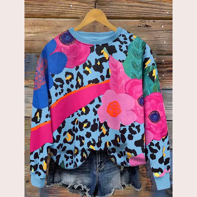 Leopard Flower Print Sweatshirt For Women Round Neck Pullover Sweatshirts Fashion Trend Street Retro Design Spring Pop Hoodie