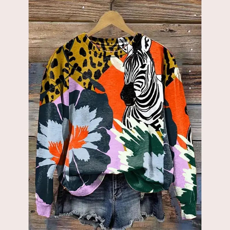Leopard Flower Print Sweatshirt For Women Round Neck Pullover Sweatshirts Fashion Trend Street Retro Design Spring Pop Hoodie