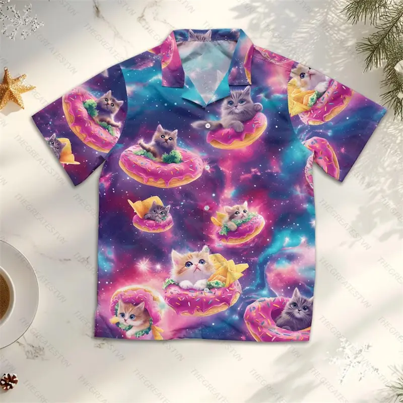 Cute Cat 3D Print Neon Shirt Men's Clothing Cats Graphic Donuts Funny Casual Short Sleeve Shirts Harajuku Trendy Women Blouse