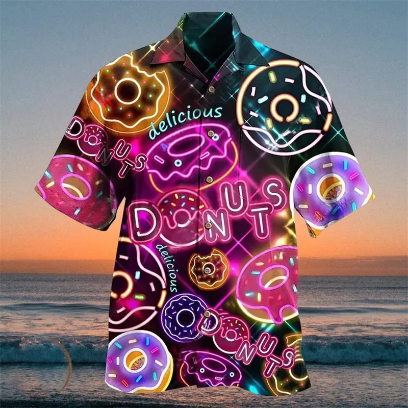 Cute Cat 3D Print Neon Shirt Men's Clothing Cats Graphic Donuts Funny Casual Short Sleeve Shirts Harajuku Trendy Women Blouse