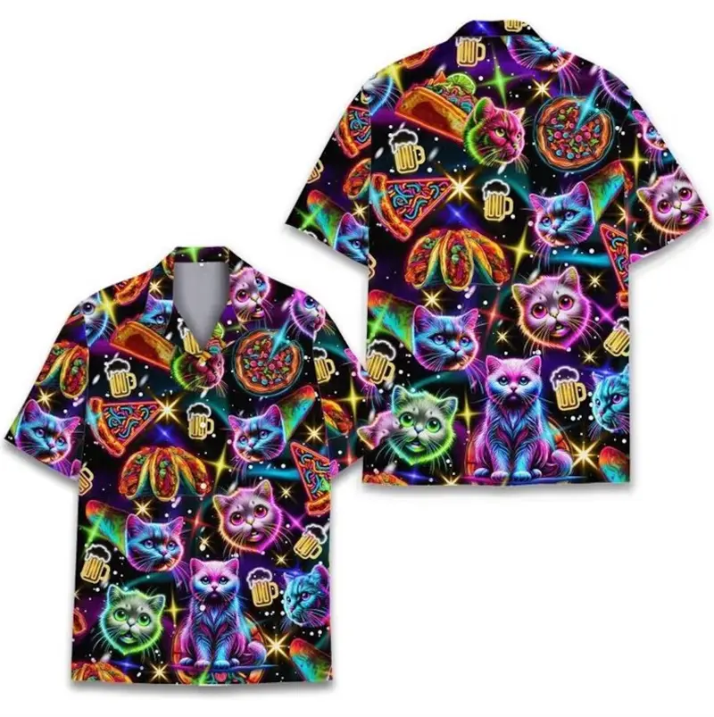 Cute Cat 3D Print Neon Shirt Men's Clothing Cats Graphic Donuts Funny Casual Short Sleeve Shirts Harajuku Trendy Women Blouse