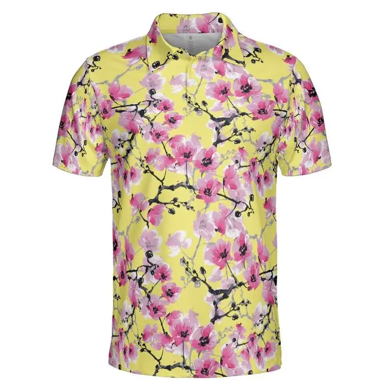 Pink Cherry Blossoms Polo Shirt For Men Outdoor Casual Flower Plant Print Breathable Golf Shirts Harajuku Trendy Summer T-shirt