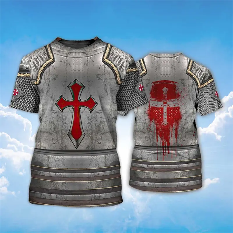 Knight Armor Role Playing Print T-shirt For Men Red Christian Cross Pattern Crewneck T Shirts Personality Streetwear Summer Top