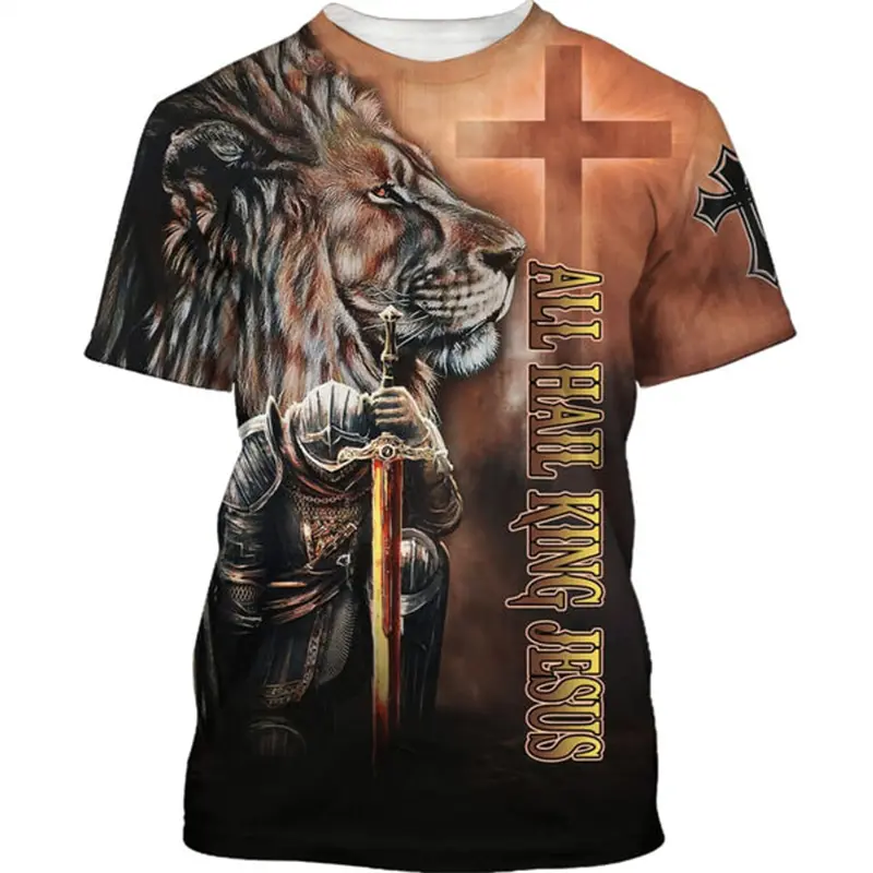 Knight Armor Role Playing Print T-shirt For Men Red Christian Cross Pattern Crewneck T Shirts Personality Streetwear Summer Top