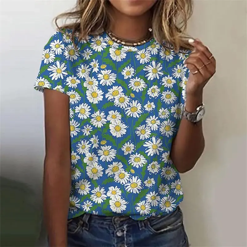 3D Print Elegant Daisy T-shirt For Women Flower Graphic Summer Casual Daily Loose T Shirts All Over Print Fashion Trend Tees