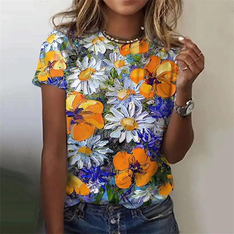 3D Print Elegant Daisy T-shirt For Women Flower Graphic Summer Casual Daily Loose T Shirts All Over Print Fashion Trend Tees
