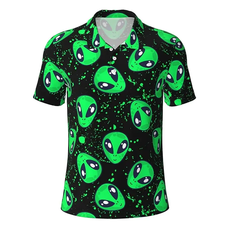 Fashion Full Print Alien Pattern Polo Shirt For Men's Clothes Lapel Button Hawaii Shirts Funny Leisure Harajuku Trend Golf Top