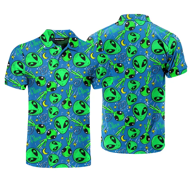 Fashion Full Print Alien Pattern Polo Shirt For Men's Clothes Lapel Button Hawaii Shirts Funny Leisure Harajuku Trend Golf Top