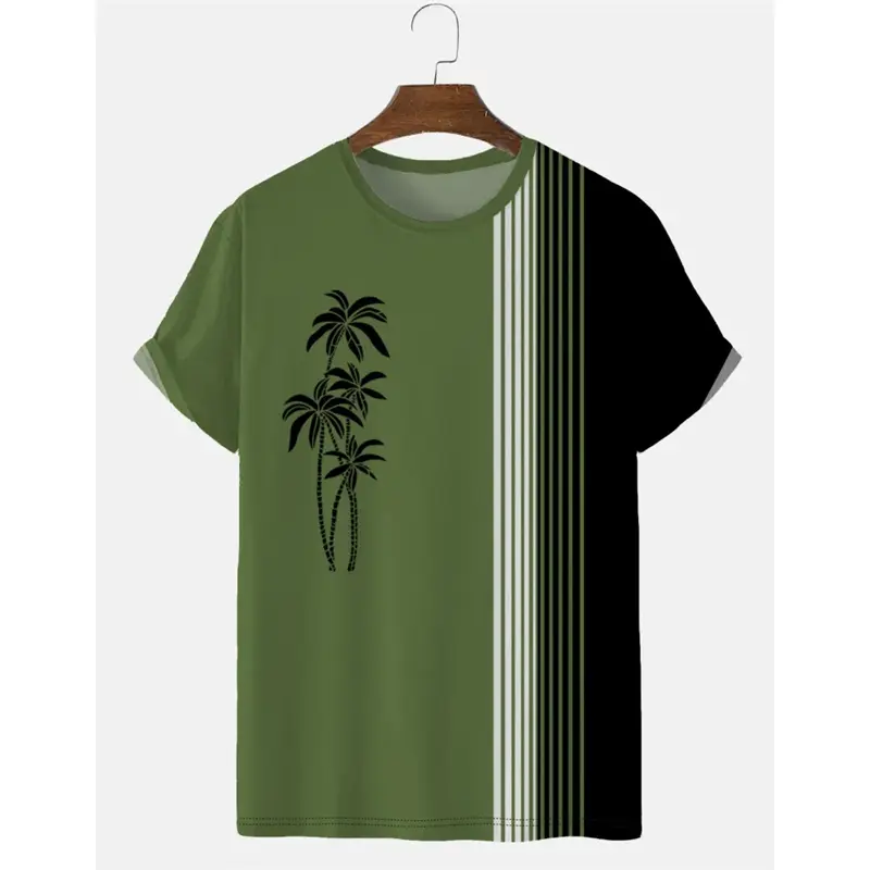 Fashion Vertical Striped T-shirt For Men Palm Trees Logo Graphic Round Neck Short Sleeve T Shirts Summer Simple Loose Tees Top