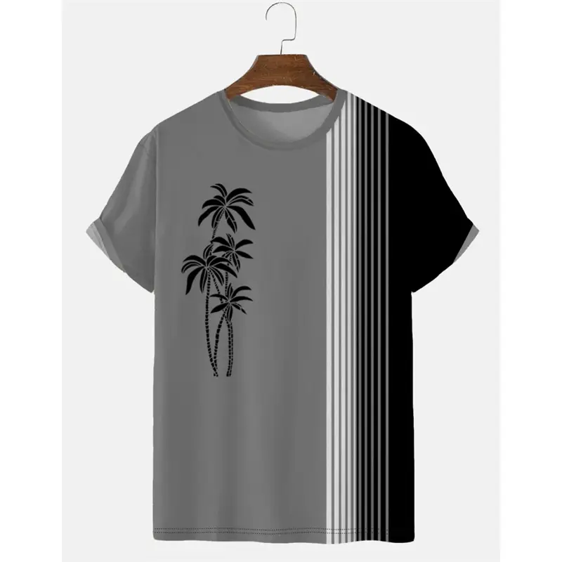Fashion Vertical Striped T-shirt For Men Palm Trees Logo Graphic Round Neck Short Sleeve T Shirts Summer Simple Loose Tees Top