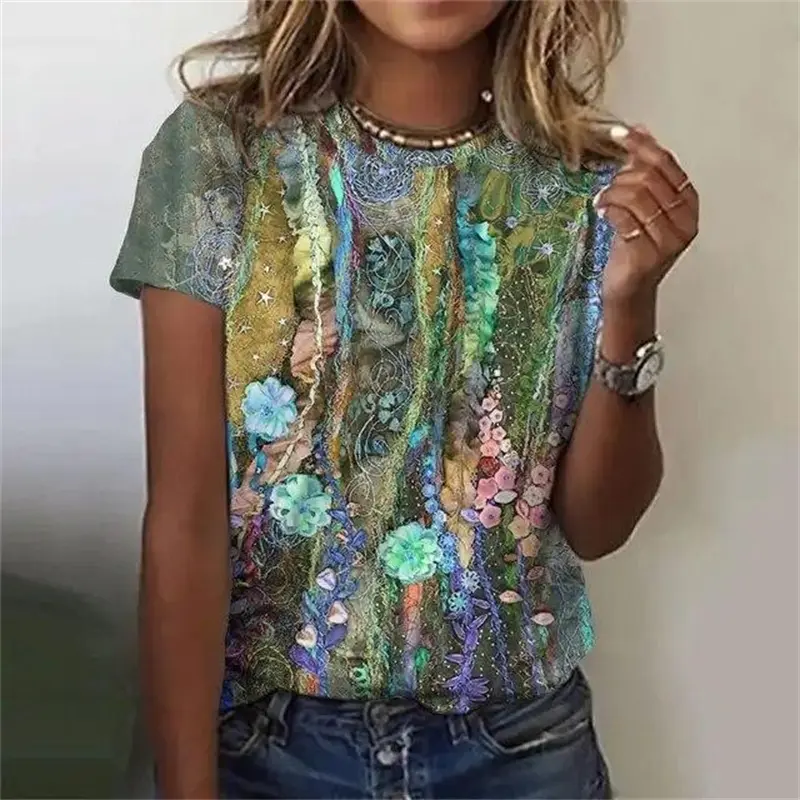 Women Vintage Casual T-shirt All Over Print Flowers Loose Breathable Short Sleeve T Shirts Summer Daily Fashion Trend Top
