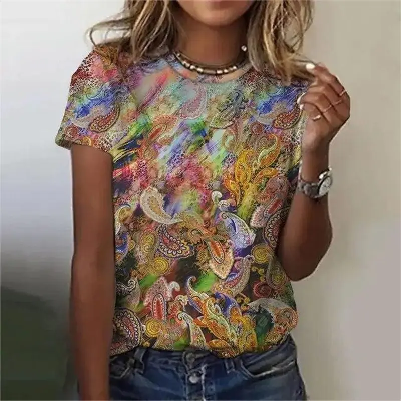 Women Vintage Casual T-shirt All Over Print Flowers Loose Breathable Short Sleeve T Shirts Summer Daily Fashion Trend Top