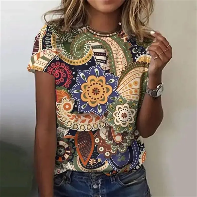Women Vintage Casual T-shirt All Over Print Flowers Loose Breathable Short Sleeve T Shirts Summer Daily Fashion Trend Top