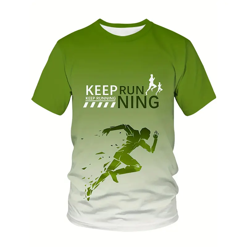 Keep Running Gradient Print T-shirt For Men Personality Outdoor Sport Loose Breathable Short Sleeve T Shirts Summer Train Run