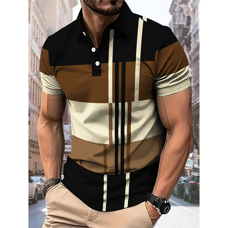 Classic Fashion Plaid Polo Shirt For Men Simple Casual Streetwear Breathable Golf Shirts Summer Sports Stripe Print Polo Tee