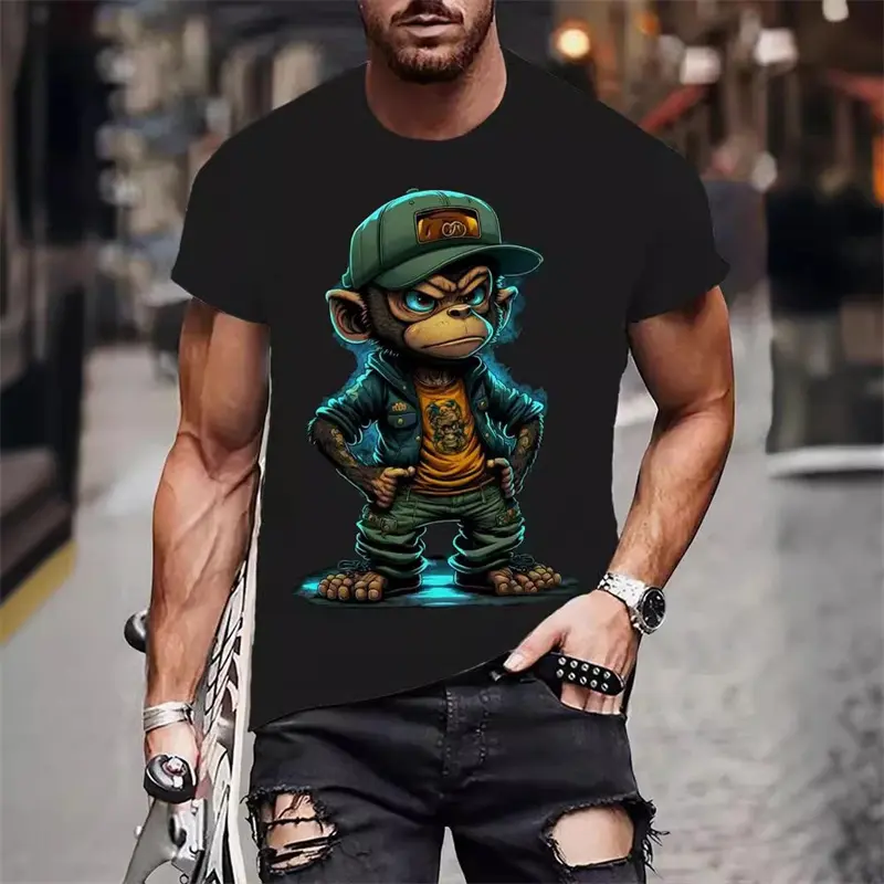Street Cool Animal T-shirt For Men Hip Hop Personality Graffiti Print Short Sleeve T Shirts Summer Outdoor Trend Casual Man Tee