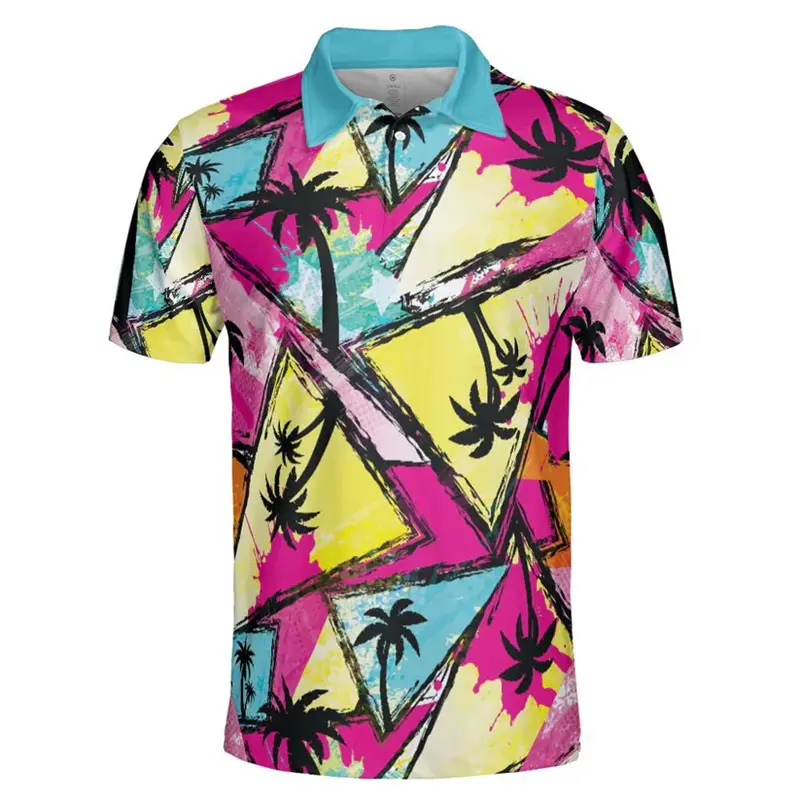 Hip Hop Graffiti Polo Shirt Men Personality Street Harajuku Fashion Short Sleeve Golf Shirts Colorful Stripe Casual T-shirt