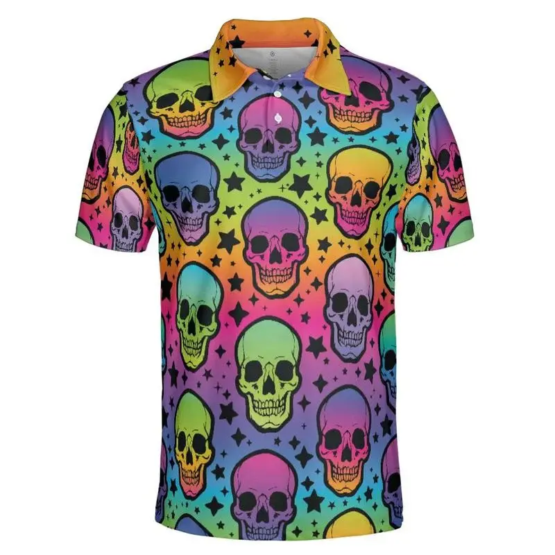 Hip Hop Graffiti Polo Shirt Men Personality Street Harajuku Fashion Short Sleeve Golf Shirts Colorful Stripe Casual T-shirt
