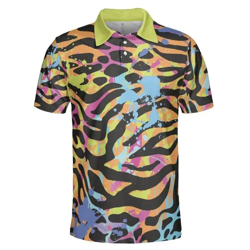 Hip Hop Graffiti Polo Shirt Men Personality Street Harajuku Fashion Short Sleeve Golf Shirts Colorful Stripe Casual T-shirt
