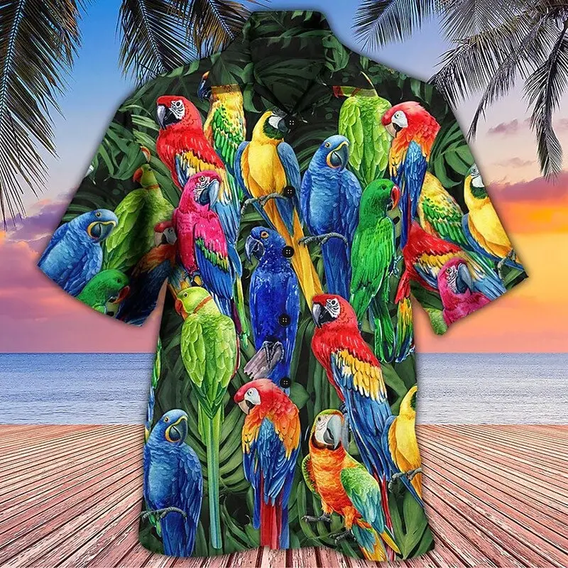 Hawaiian Vacation Style Shirts Men's Clothing O-neck Shirt 3D Printed Parrot Coconut Tree Casual Sea Beach Fashion Blouse