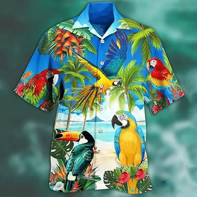 Hawaiian Vacation Style Shirts Men's Clothing O-neck Shirt 3D Printed Parrot Coconut Tree Casual Sea Beach Fashion Blouse