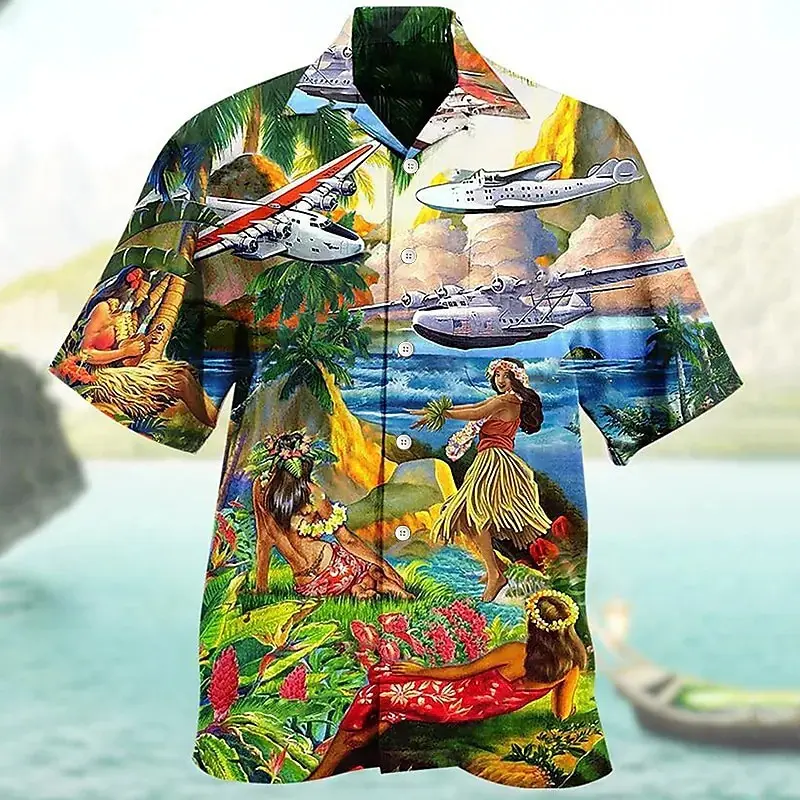 Hawaiian Vacation Style Shirts Men's Clothing O-neck Shirt 3D Printed Parrot Coconut Tree Casual Sea Beach Fashion Blouse