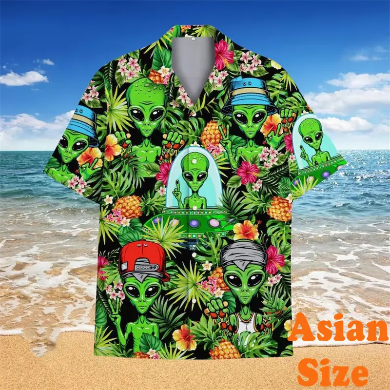 Cartoon Style Alien Pattern Shirt For Men Hawaiian 3D Print Plant Short Sleeve Button Shirts Summer Casual Vacation Funny Blouse