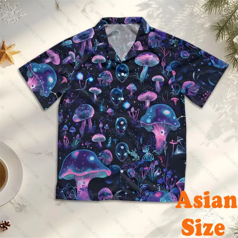 Cartoon Style Alien Pattern Shirt For Men Hawaiian 3D Print Plant Short Sleeve Button Shirts Summer Casual Vacation Funny Blouse