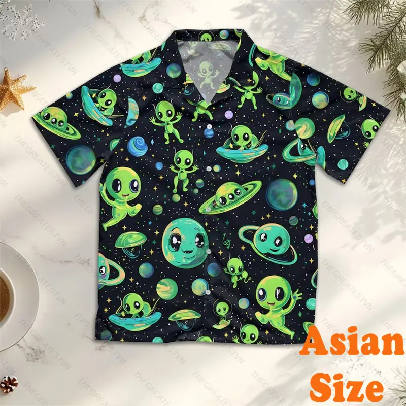Cartoon Style Alien Pattern Shirt For Men Hawaiian 3D Print Plant Short Sleeve Button Shirts Summer Casual Vacation Funny Blouse