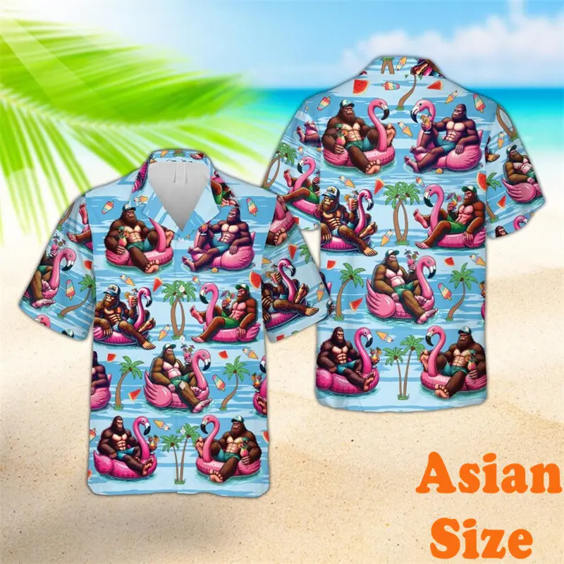 Cartoon Style Alien Pattern Shirt For Men Hawaiian 3D Print Plant Short Sleeve Button Shirts Summer Casual Vacation Funny Blouse