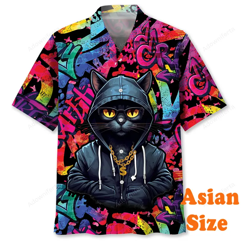 3D Print Funny Cat Hawaiian Shirts For Men Personality Graffiti Hip Hop Style Lapel Shirts Japanese Waves Retro Pattern Tee Top