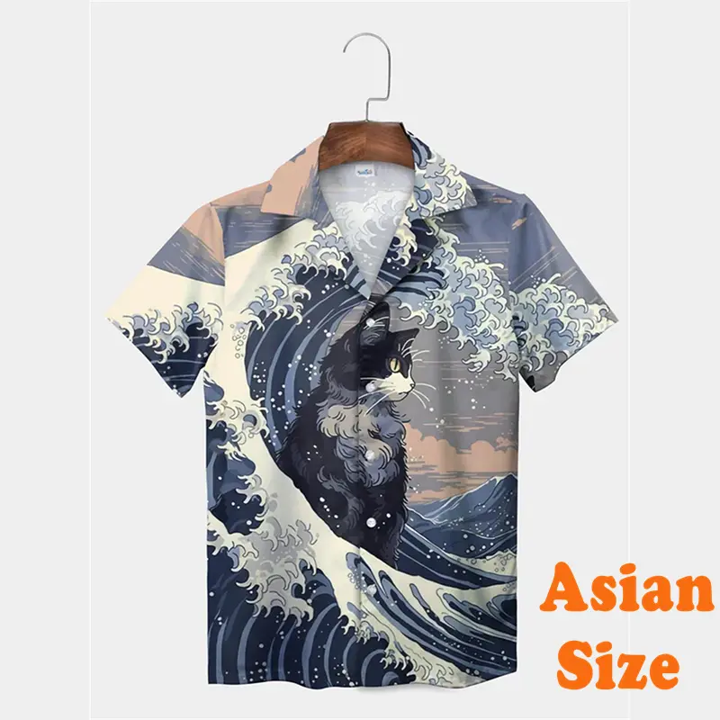 3D Print Funny Cat Hawaiian Shirts For Men Personality Graffiti Hip Hop Style Lapel Shirts Japanese Waves Retro Pattern Tee Top